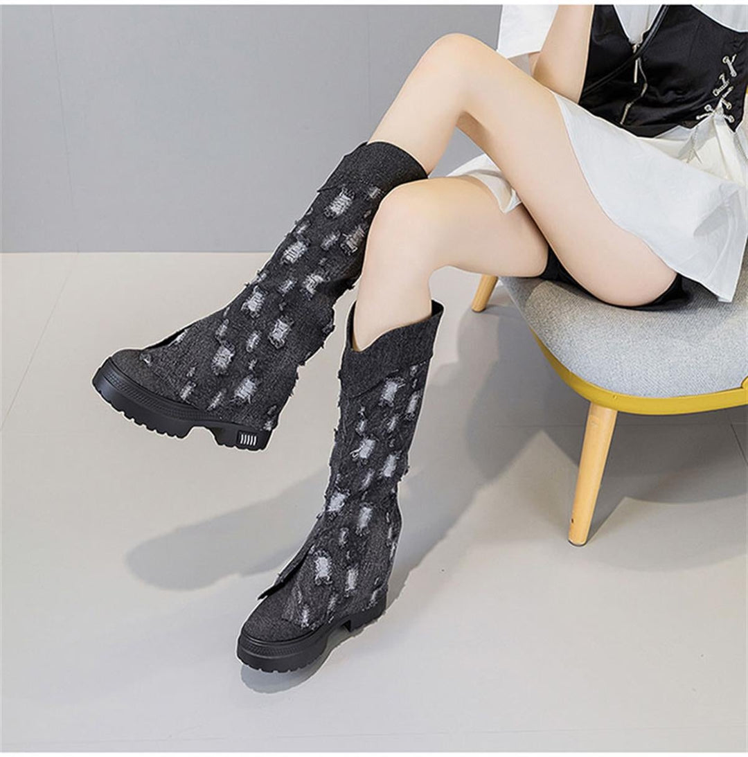 Wedge Denim Tall Boots