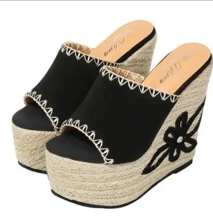 Wedge Heeled Straw Slippers