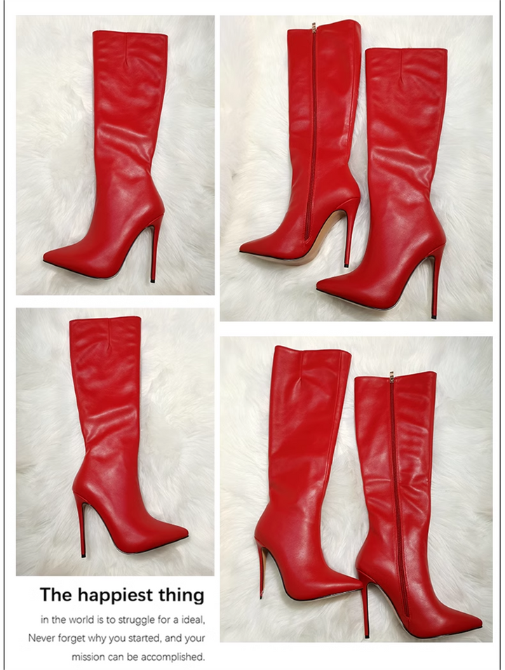 Thin Heeled Long Red Çizme
