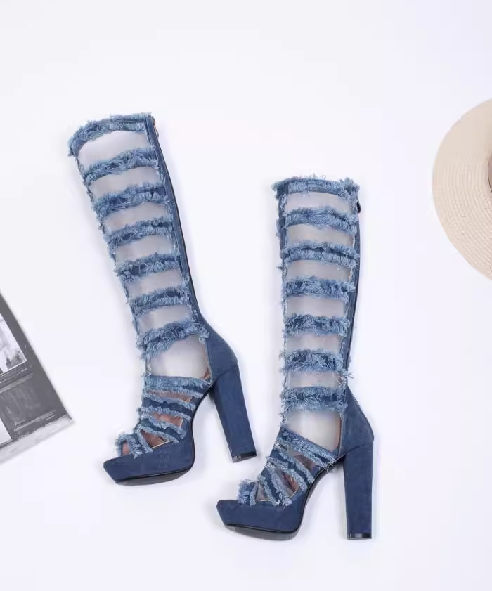 Heeled Denim Gladiator Tall Boots