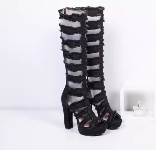 Heeled Denim Gladiator Tall Boots